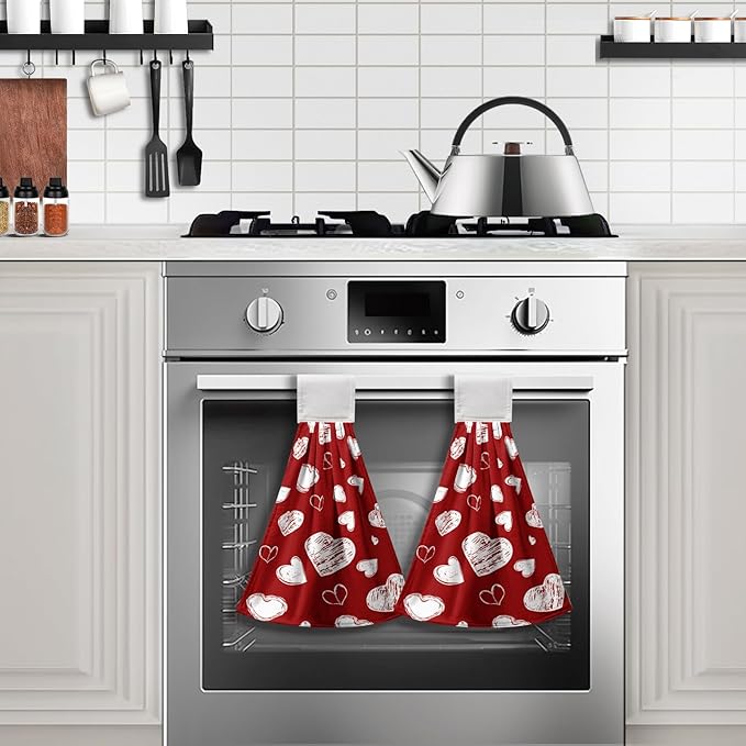Valentines Heart Hanging Kitchen Towels Red Valentine's Day Hand Tie Towels Home Decorations Holiday Soft Absorbent Dish Towel with Hanging Loop for Bathroom Kitchen