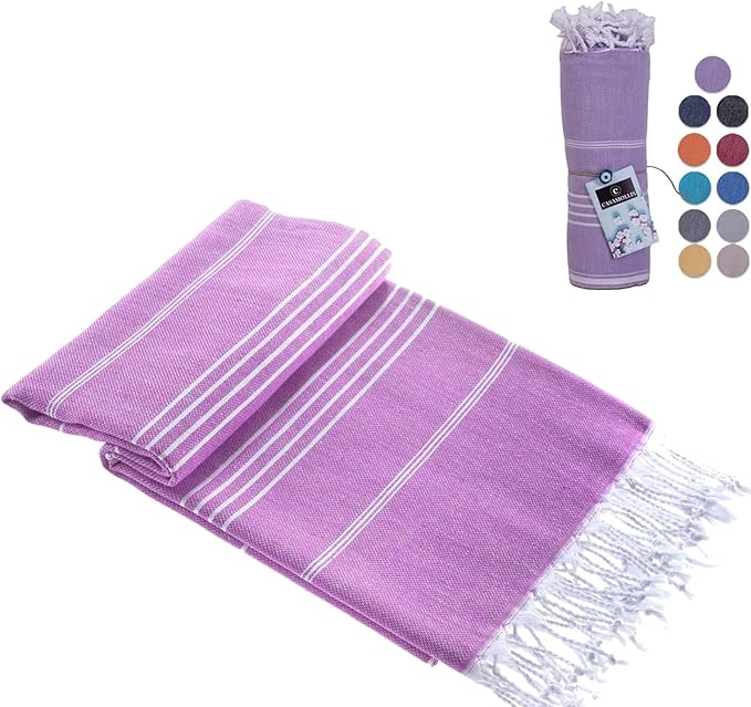 Turkish Beach Towel, Prewashed, 100% Cotton, Soft, Absorbent, Quick Dry, Sand Free Large Oversize Beach Towels for Bathroom Camping Yoga Gym Pool Travel Size 39x71 Inches (Lilac)