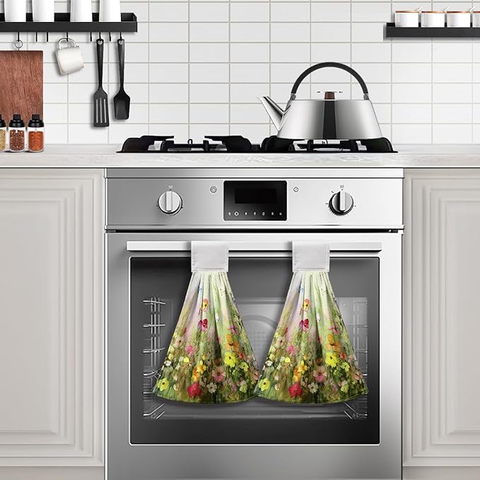 Spring Flowers Hanging Kitchen Towel with Loop 2 Pcs Wild Floral Hand Tie Towel for Bathroom Summer Green Haning Dish Towels Soft Absorbent for Kitchen Bathroom Home Decor Aceesories