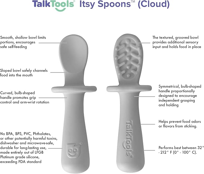 TalkTools ITSY Tiny Silicone Spoons – Twin Pack Soft Silicone Self-Feeding Training Spoons for Kids & Toddlers, Anti-Choking Flange Guard and Non-Slip Handle (Cloud)