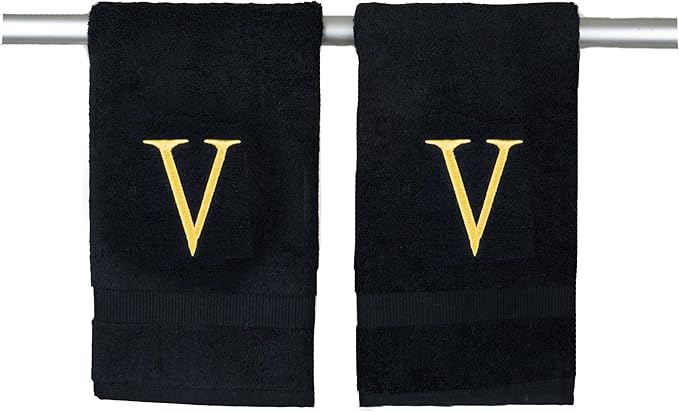 Black Initial Hand Towel for Bathroom - Monogrammed Luxury Hotel Quality Decorative Embroidered Towel for Powder Room, Spa - GOTS Organic Certified - Pack of 2, Letter V