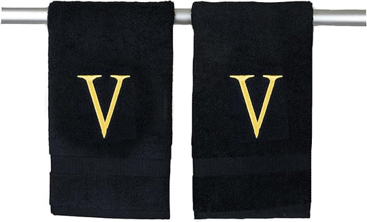 Black Initial Hand Towel for Bathroom - Monogrammed Luxury Hotel Quality Decorative Embroidered Towel for Powder Room, Spa - GOTS Organic Certified - Pack of 2, Letter V