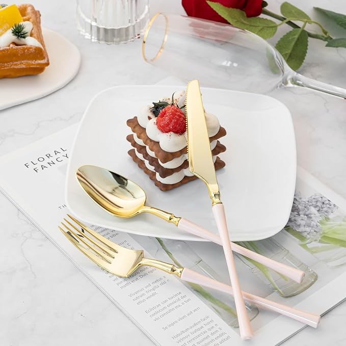 Lullaby 150pcs Gold Plastic Silverware, High End Disposable Cutlery with Pink Handle Include 50 Forks, 50 Spoons, 50 Knives, Perfect for Birthdays, Parties, Weddings, and More