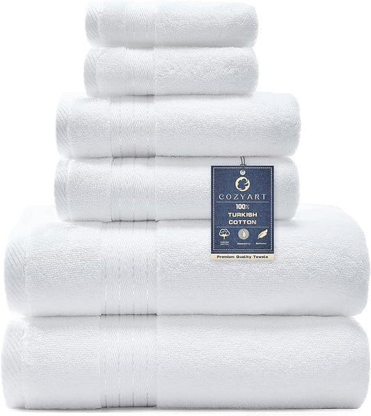COZYART White Bath Towel Sets, Premium Turkish Cotton Large Towel Set for Bathroom, 650 GSM Luxury Bathroom Sets Pcs with 2 Bath Towels, 2 Hand Towels, 2 Washcloths, Ultra Soft and Water Absorbent