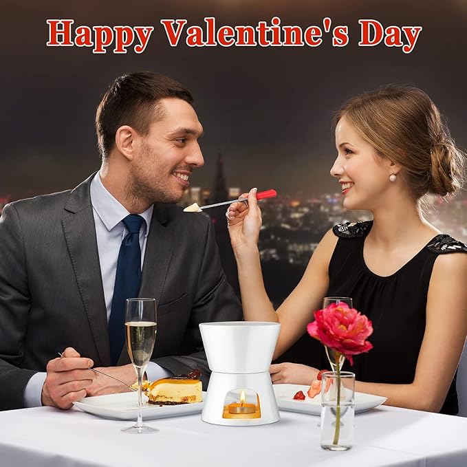 Mudder 2 Pieces Fondue Mug Ceramic Pot and 8 Pieces Forks Set for Melting Chocolate, Cheese, Broth Or Tapas On Valentine's Day, White