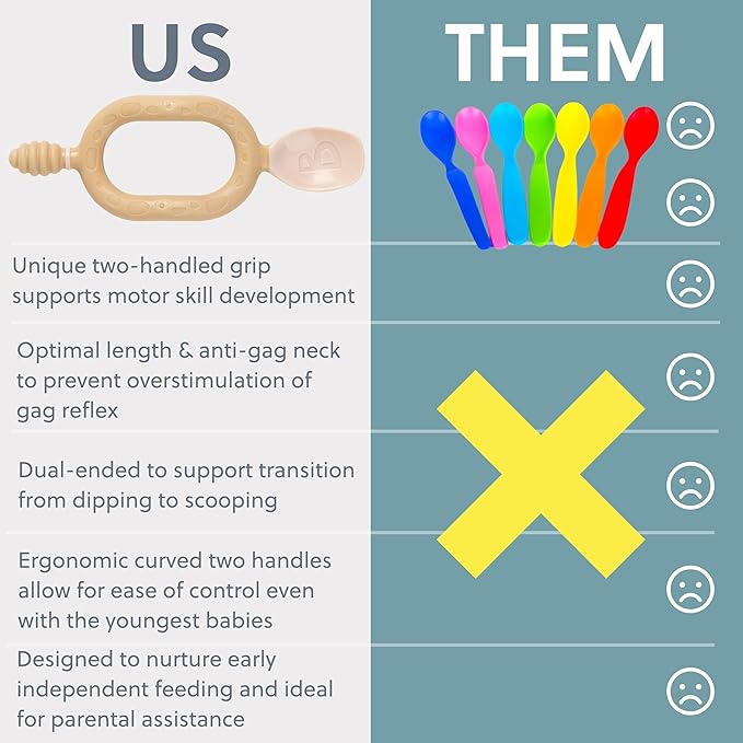 Bibado - Dippit Baby Spoon and Dipper, Fawn (2-Pack) - Soft, Chewable Dipper & Deep Spoon - Two-Hand, Sensory Grip - Toddler Utensils - Baby Led Weaning Supplies - Baby Essentials - 6 Months+