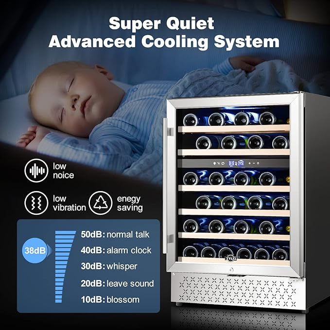 Tylza 24 Inch Wine Fridge, Dual Zone 54 Bottles Wine Refrigerator, Built-In or Freestanding, Safety Lock, Double-Layer Glass Door, Adjustable Shelves, Wine Cooler Refrigerator for Home Bar Kitchen