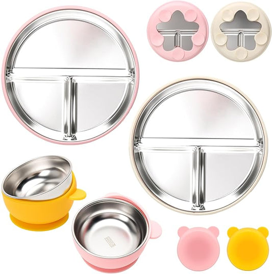Stainless Steel Baby Plate and Bowls with Suction, Divided Kids Baby Plate and Toddler Bowl with Removable Silicone Suction, Non-Slip Baby Feeding Set Dishwasher Safe，4 Packs