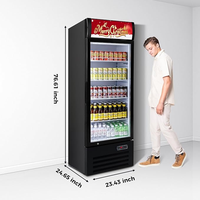 Commercial Refrigerator Beverage Cooler, 12.5 Cu.Ft Display Refrigerator with Glass Door, Drink Fridge with Led Light, 4 Adjustable Shelves, Merchandiser Refrigerator for Beer, Bar, Shop