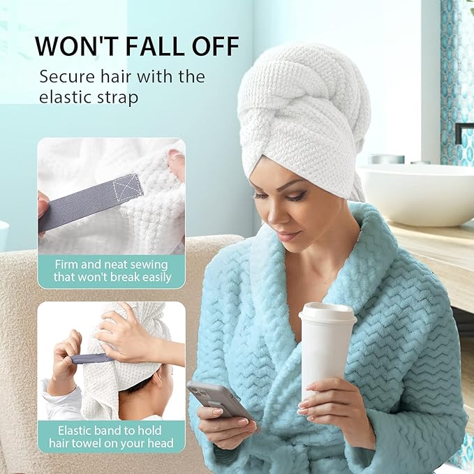 YFONG X-Large Hair Towel Wrap for Women, Super Absorbent Microfiber Hair Towel for Curly Hair, Fast Drying Hair Turbans with Elastic,Hair Drying Towel Wrap for Hair Care 30" X 40" (White)