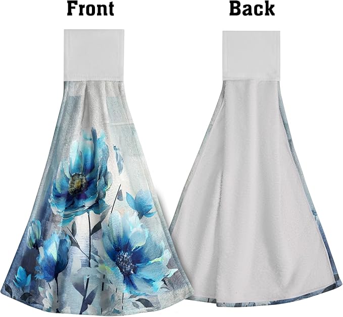 Giwawa Blue Floral Hanging Kitchen Towels 2 Pieces Watercolor Flower Dish Cloth Soft Absorbent Tie Towels Tea Bar Towels for Hotel Toilet Home