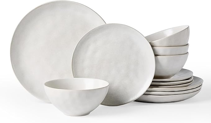 Famiware Dinnerware Sets for 4, Ocean Round 12-Piece Kitchen Plates and Bowls Sets, Microwave and Dishwasher Safe, Scratch Resistant, Matte White