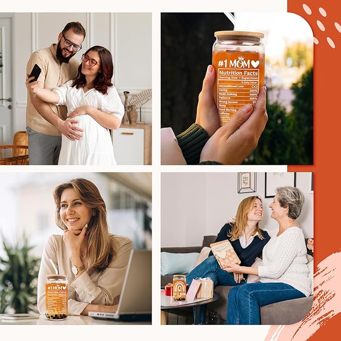 HEXMOZ Gifts for Mom from Daughter, Son, Kids - First Christmas Moms Gift for New Moms, Wife, Mama from Husband - Christmas Mom Gifts for Wife, Her - 16oz Glass Drinking Cup with Straw Gift Box