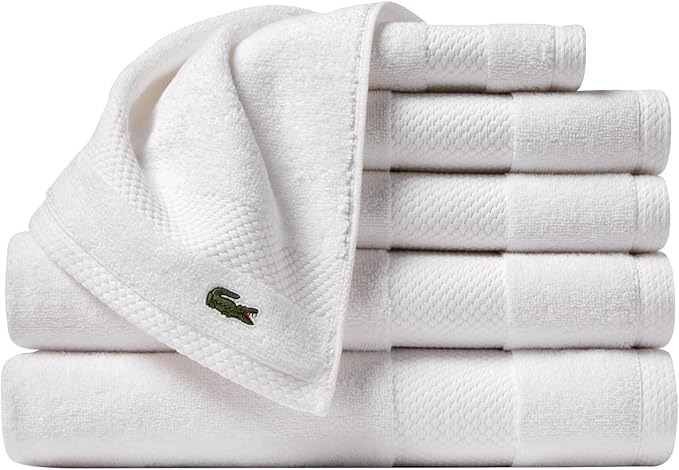 Lacoste Heritage Supima Cotton 6-Piece Towel Set, 2 Bath Towels, 2 Hand Towels, 2 Washcloths, White – Highly Absorbent & Quick Drying, Bathroom Essential, Machine Washable