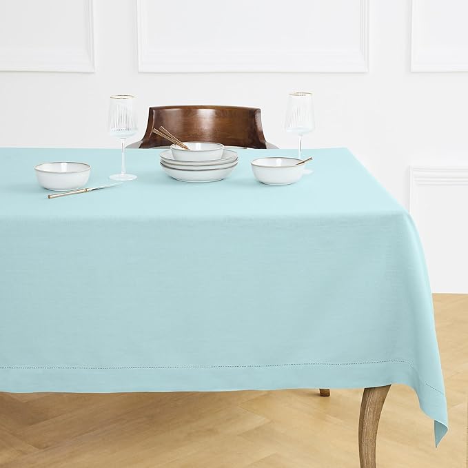 Solino Home Linen Tablecloth for Rectangle Tables 60 x 108 Inch - Classic Hemstitch 100% Pure Linen Aqua Blue Table Cloth - Machine Washable Cloth Tablecloth for Holiday, New Year