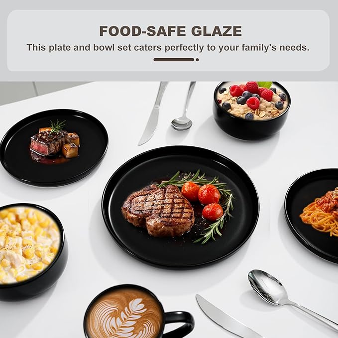 EWFEN 16-Piece Ceramic Dinnerware Sets with Mugs for 4, Black Plates and Bowls Set with Classic Design, Scratch Resistant Dishes Set, Dishwasher & Microwave Safe