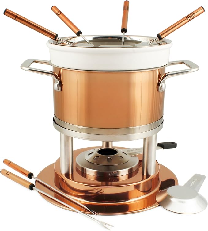 Swissmar Bern 11-Piece Copper Plated 3-in-1 Fondue Set - Ideal for Melting Cheese, Chocolate, Butter, & More - Perfect for Kitchen Collection & Wedding Gift Giving - 1.6 Quarts / 1.5 Liter