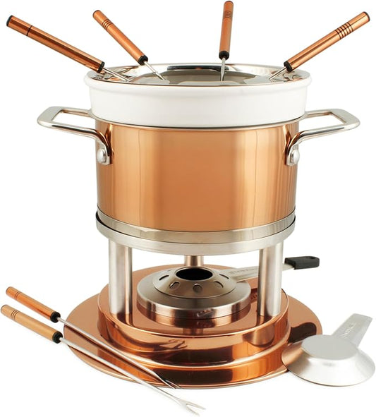 Swissmar Bern 11-Piece Copper Plated 3-in-1 Fondue Set - Ideal for Melting Cheese, Chocolate, Butter, & More - Perfect for Kitchen Collection & Wedding Gift Giving - 1.6 Quarts / 1.5 Liter