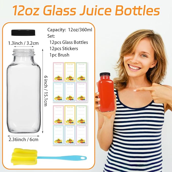 12 Pack 12oz Glass Drink Bottles with Lids, 360ml Vintage Glass Water Bottles with Caps, Reusable Juice Containers Drinking Jars for Juicing, Milk, Ginger, Kombucha, Beverages