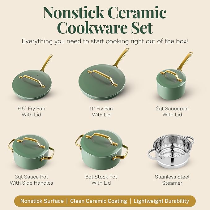 Gotham Steel Modern 11 Pc Ceramic Cookware Set, Elegantly Designed Pots and Pans Set Non Stick with Steamer, Induction Bottom, Premium Stay Cool Handles, Non Toxic PFOA Free, Oven & Dishwasher Safe