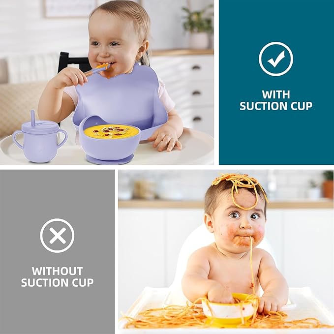 100% Silicone Baby Feeding Set,BPA Free Baby Dishes Set with Suction Bowl Divided Plate,Toddler Self Feeding Dish Set with Spoons Forks Sippy Cup and Bib, Baby Eating Utensils(Purple)