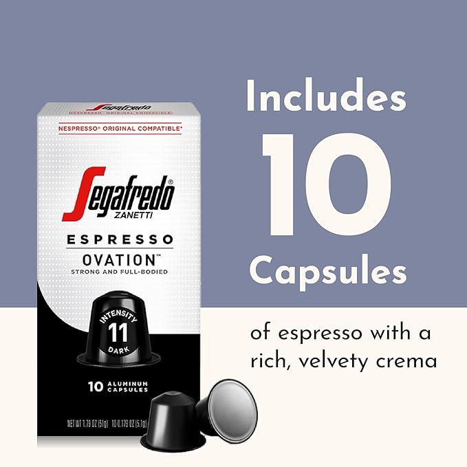 Segafredo Zanetti Espresso Capsules – Aluminum Pods for Nespresso Original Machines – Dark Roast Premium Espresso with a Full-Bodied Aroma – Strong, Intensity 11 – Ovation, 10 Count
