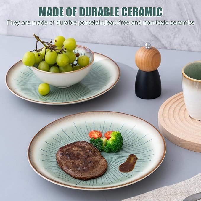 Dinnerware Set Green 12 Pieces Service for 4, Stoneware Plates and Bowls Set Stoneware Set, Dishwasher Microwave Safe Dishes set