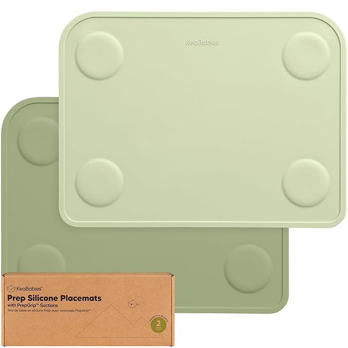 KeaBabies 2-Pack Silicone Placemats for Toddlers - 12x9 Non Slip Suction Baby Silicone Placemat for Kids Eating, Easy to Clean, Busy Travel Baby Mat for Dining Table, Food Grade/BPA-Free (Sage)