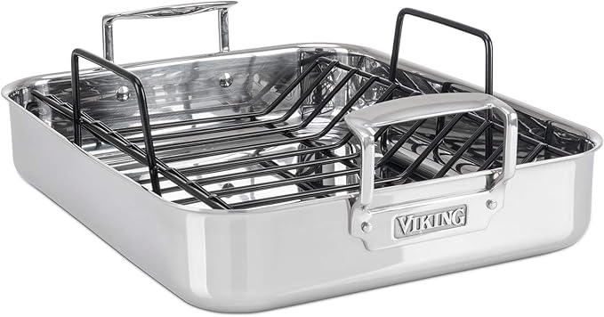 Viking 3-Ply Stainless Steel Roasting Pan with Non Stick Rack, 16 x 13 Inch Kitchen Cookware, Great for Turkey, Dishwasher and Oven Safe, Induction Ready, Silver