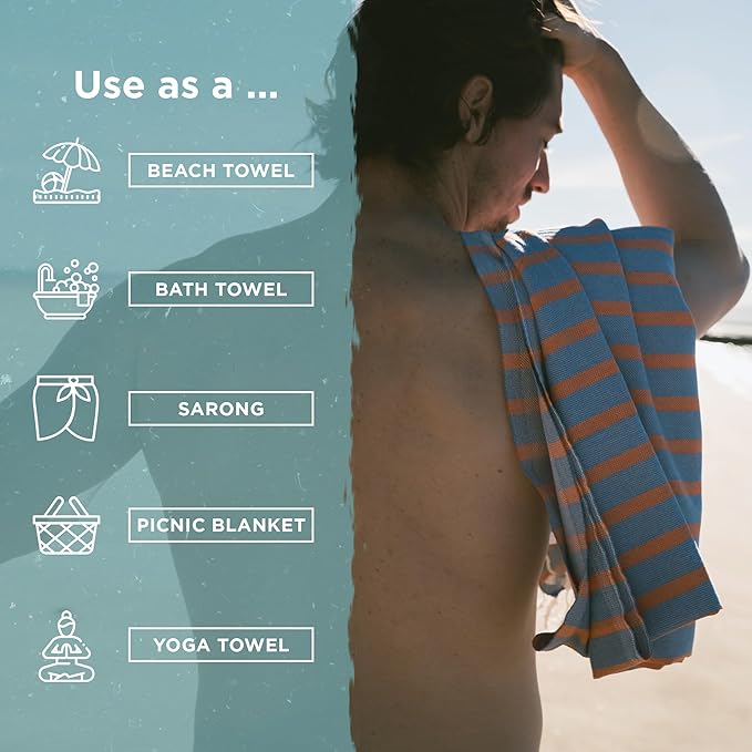 Large Turkish Beach Towel, Striped Denim Blue & Orange - 37'' x 67'' - Super Soft & Lightweight - Quick Dry Sand Free Travel Towels for Beach or Bath - Gifts