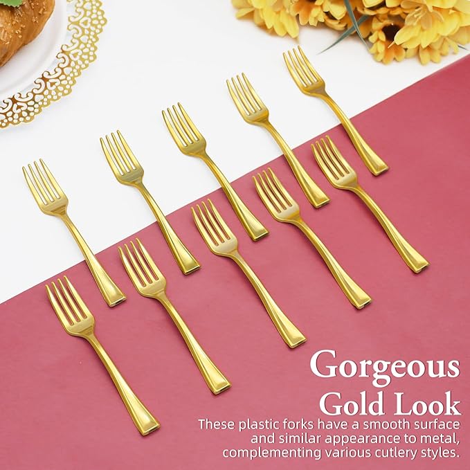 100 PCS Gold Mini Forks Heavy Duty, 4 inch Gold Plastic Fork, Mini Forks for Appetizers, Dessert Fork Disposable, BPA Free, Food Safe, Suitable for All Occasions