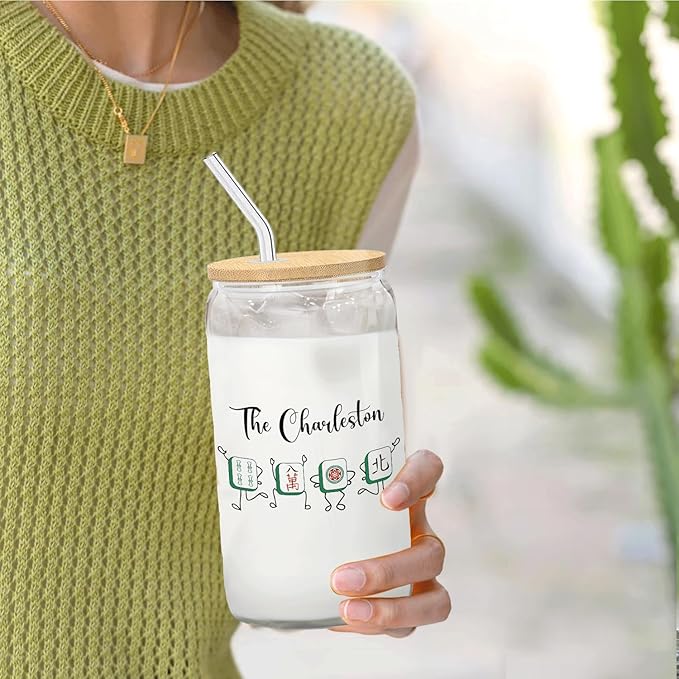 Mah Jong Accessories Glass Cup with Lids and Straws 14oz, Gifts for Women Mahjong Players Lovers, Mahjong Tiles Glass Iced Coffee Tumbler Drinking Jars with Cleaning Brush