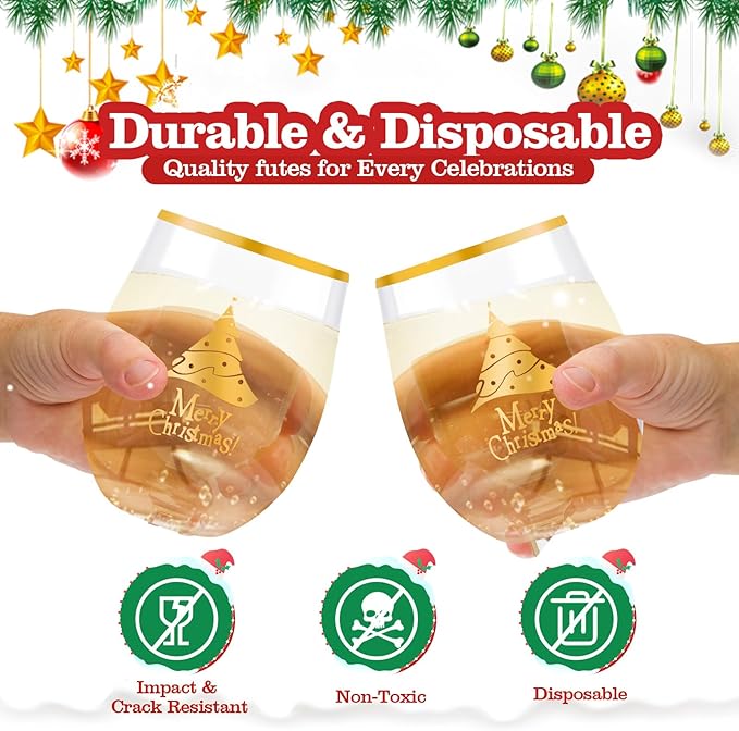 SUT Plastic Wine Glasses, Plastic Christmas Wine Glasses, Plastic Cups, Disposable Wine Glasses, Disposable Cups, 12oz Gold Plastic Wine Glasses for Christmas(24PCS)