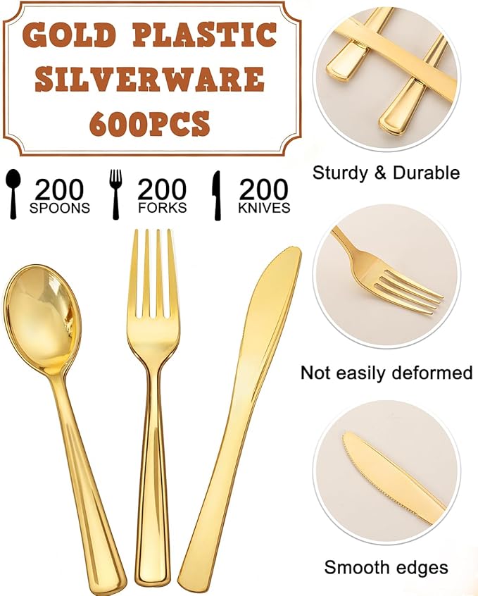 bUCLA 600 Pieces Gold Plastic Silverware - Disposable Gold Utensils - Heavyweight Plastic Cutlery set- 200 Forks, 200 Spoons, 200 Knives for Party & Thanksgiving