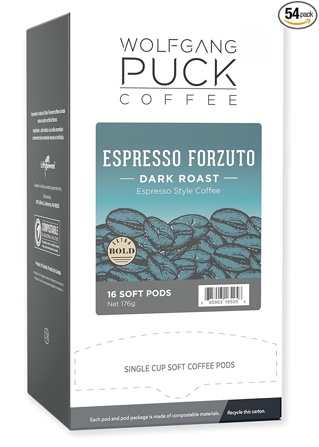 Wolfgang Puck Coffee, Espresso Forzuto, 9.5 Gram Soft Pods, 18-Count (Pack of 3)