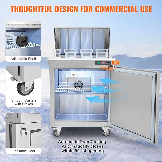 VEVOR 28" Commercial Refrigerator, 12 Pans Sandwich & Salad Prep Table, 7.4 Cu. Ft Stainless Steel Refrigerated Food Prep Station, Frost Free Mega Top Refrigerator for Restaurant, Food Truck, Bar