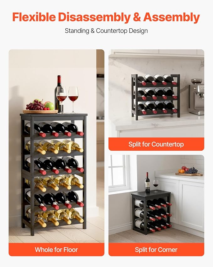 VEVOR 24 Bottle Detachable Wine Rack, 6-Tier Wine Bottle Holder, Freestanding Floor Display Wine Storage Shelves with Table Top, for Kitchen,Cellar,Bar,Dining Room,Living Room, Black