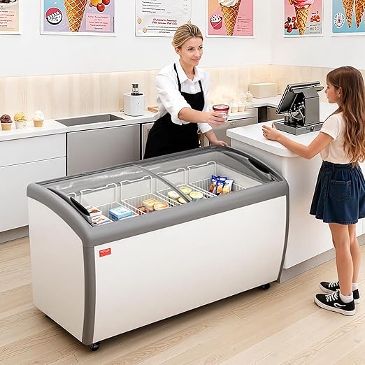 VEVOR Commercial Ice Cream Display Case, 16.3 Cu.ft Chest Freezer, -19 to 3℉ Temp Adjustable Mobile Top Deep Freezer with 5 Wire Baskets, 2 Sliding Glass Doors, Locking Casters & LED Strip Lighting