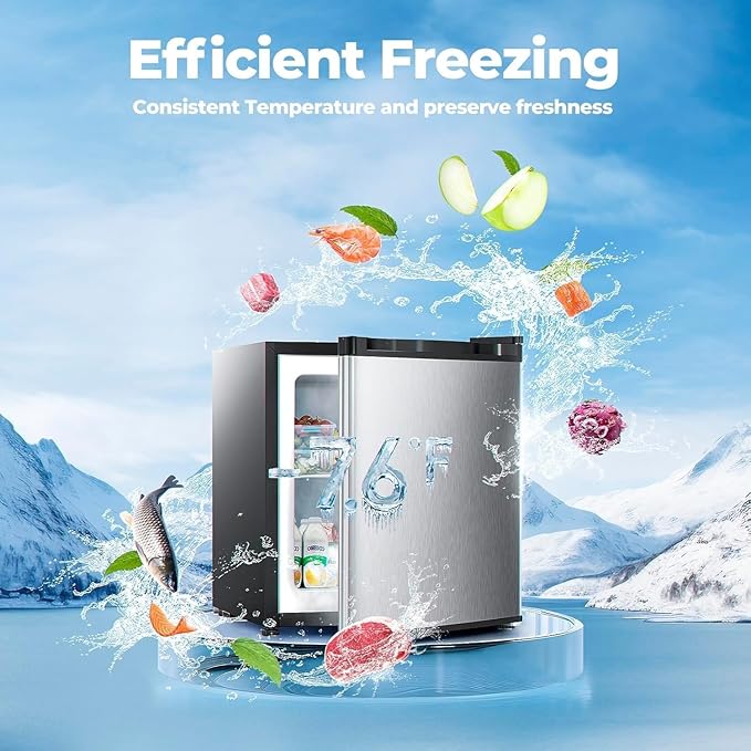 1.2 Cu.ft Upright Freezer, Small Mini Freezer with Adjustable Thermostat, Removable Shelves, Reversible Single Door, for Bedroom/Home/Dorms/Apartment, Stainless Steel