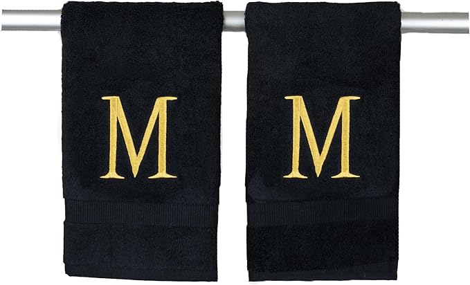 Black Initial Hand Towel for Bathroom - Monogrammed Luxury Hotel Quality Decorative Embroidered Towel for Powder Room, Spa - GOTS Organic -Certified - Pack of 2 - Letter M