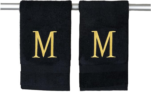 Black Initial Hand Towel for Bathroom - Monogrammed Luxury Hotel Quality Decorative Embroidered Towel for Powder Room, Spa - GOTS Organic -Certified - Pack of 2 - Letter M