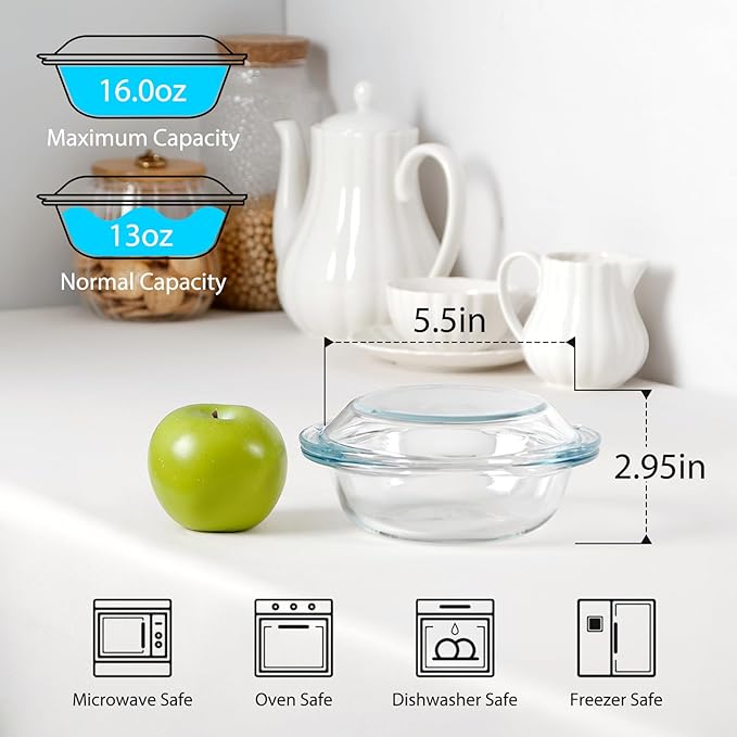 13OZ Mini Glass Casserole Dish With Lid, 5.5in Oven Safe Bakeware with Handles, Microwave Oven Safe Glass Bowl with Lid