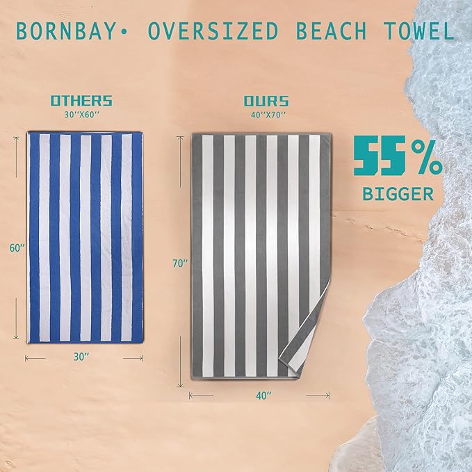 Large Beach Towel Oversized - 40"X70" Big Mens Beach Towesl, Extra Large Thick Gray Beach Towels, XL Wide Fluffy Swimming Towel Oversize, Giant Stripe Cotton Pool Towel for Adults