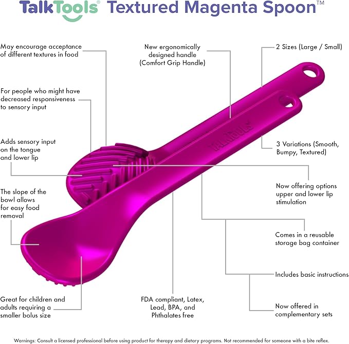 TalkTools Wee Textured Magenta Spoons - Oral Awareness During Feeding | Encourages Lip Closure | Ideal for Therapy | User Friendly Design for Adults and Children | Dishwasher Safe | Food Grade - 6 Pk