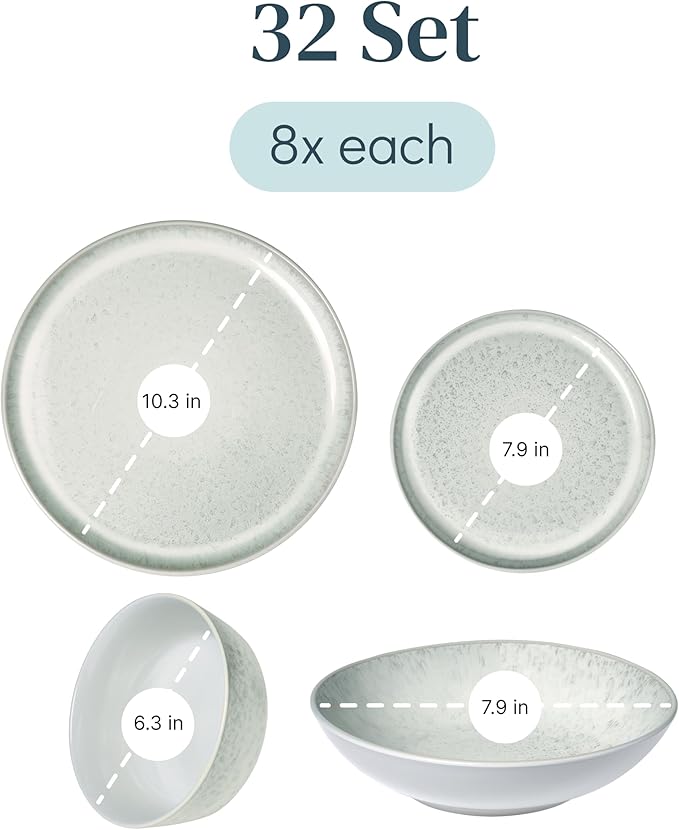 Stoneware dinnerware set 8 persons 32 pcs - Mediterranean dinnerware set, dishwasher, microwave and scratch resistant - Bowl and plate set - Dinnerware Pure Living Light Beige…