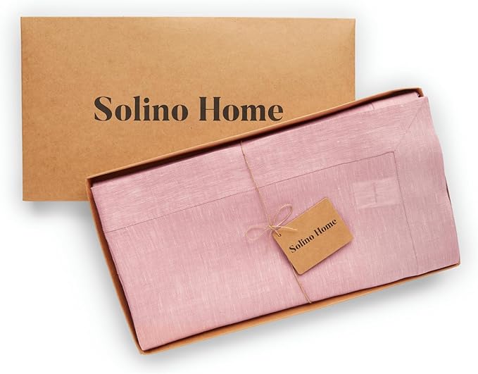 Solino Home Linen Tablecloth 60 x 132 Inch - 100% Pure Linen Bubblegum Pink Table Cloth for Rectangle Tables - Athena, Machine Washable Tablecloth for Christmas