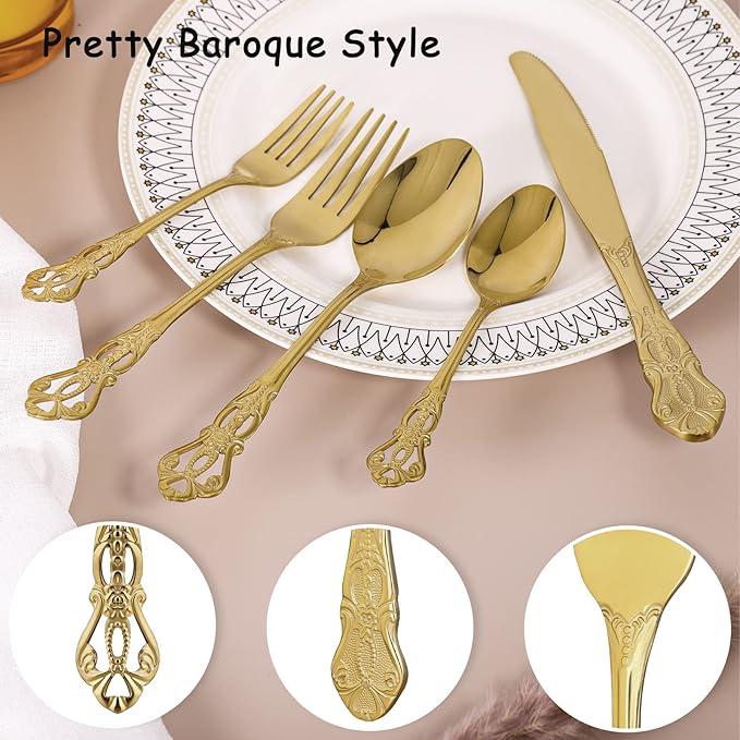 40 Piece Gorgeous Retro Royal Gold Silverware Set for 8, Premium Stainless Steel Flatware Set with gift box, Mirror Polished Cutlery Set Including Spoons and Forks, Vintage Utensils, Dishwasher Safe