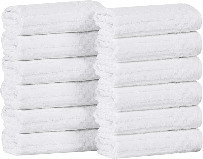Superior Cotton Face Towel/Washcloth Set of 12, Daily Use for Bathroom, Guest Bath, Quick Dry Small Towels, Face, Hand, Gym, Spa, Hotel, Absorbent, Essentials, Ribbed, Soho Collection, White
