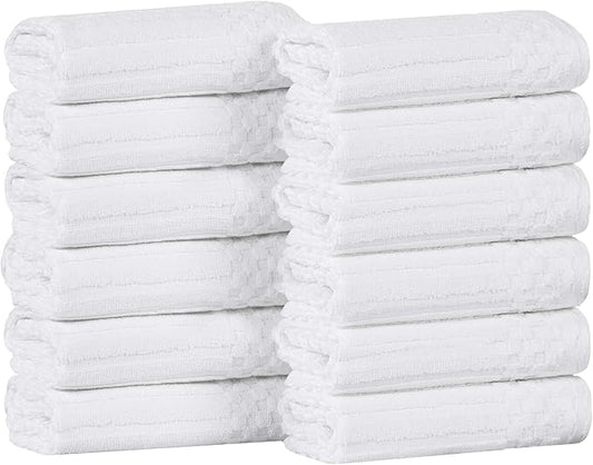 Superior Cotton Face Towel/Washcloth Set of 12, Daily Use for Bathroom, Guest Bath, Quick Dry Small Towels, Face, Hand, Gym, Spa, Hotel, Absorbent, Essentials, Ribbed, Soho Collection, White