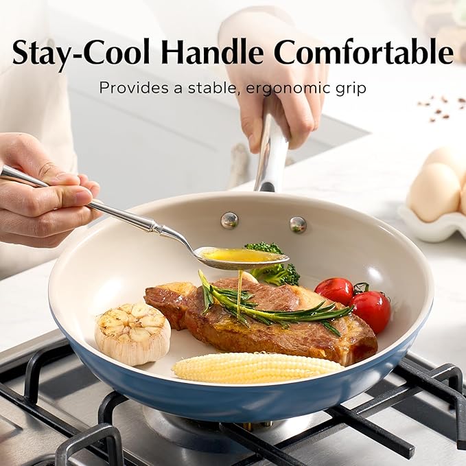 Redchef Nonstick Frying Pan Skillet, Ceramic Non-Stick Saute Pans, 11 inch Cooking Fry Pan with Stay Cool Handle, All Stovetops (Gas, Electric & Induction), Dishwasher/Oven Safe, PFAS-Free (Blue)